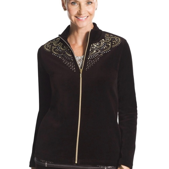 Chico’s Zenergy Velour Deep Cocoa Embellished Zip Jacket Size 3 New With Tags - Picture 1 of 13